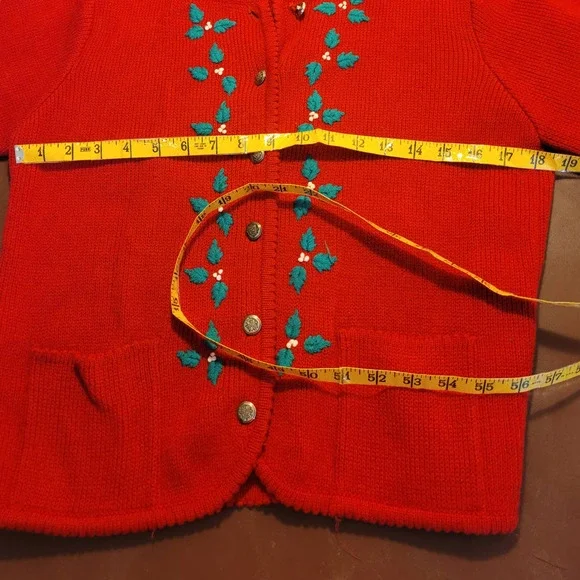 Red Embroidered Floral Long Sleeve Cardigan Sweater Women's Size Medium - Picture 4 of 8